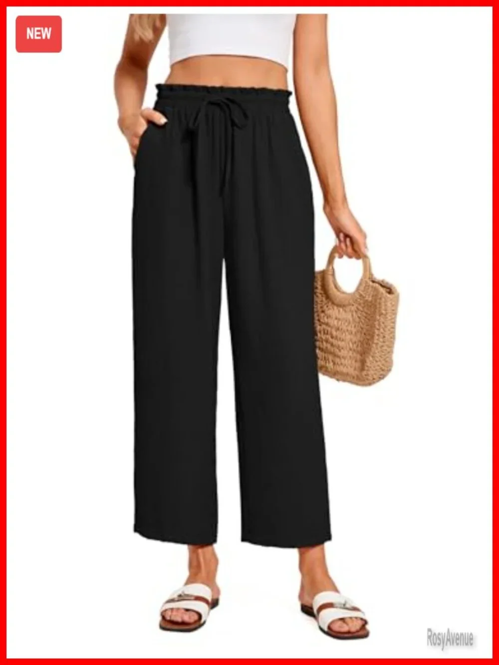 Cropped Palazzo Pants Wide Leg Flowy Ankle Pants Elastic Waist